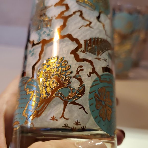 Set of 4 Vtg Dominion MCM Highball Tumbler Asian Turquoise Gold Drinking Glasses - Picture 7 of 15